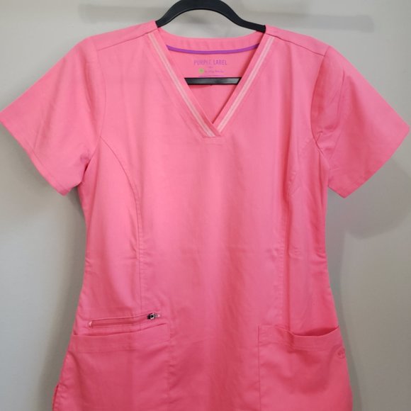 Purple Label by Healing Hands Pink Jasmine V-Neck Stretch Solid Scrub Top Small - Picture 5 of 12